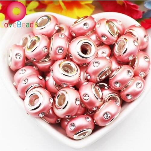 10Pcs Pink Color Rhinestone Glass Crystal European Spacer Beads Fit Pandora Charms Bracelet Big Hole Beads For Jewelry Making