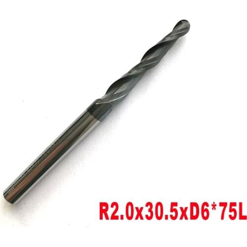 2pcs-R2*D6*30.5*75L*2F HRC55 Tungsten solid carbide Taper Ball Nose End Mill cone milling cutter cnc router bit wood