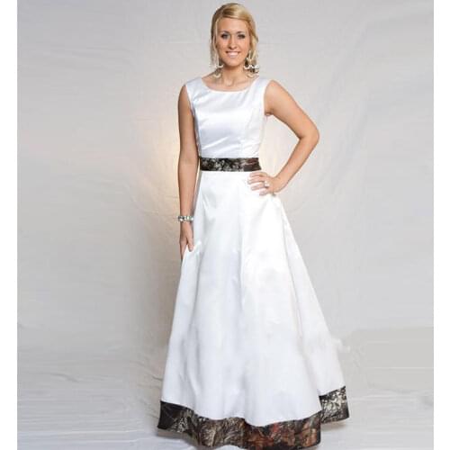 2019 Custom Camo A-Line White Satin Wedding Dresses Floor Length Camouflage Bridal Gowns Cheap Plus Size Vestidos De Marriage