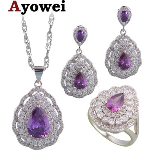 Ayowei Silver Stamped Fashion Earring Necklace Ring Purple Zicon White Crystal Costume Jewelry Sets Sz #6#7#8#9#10 JS696A