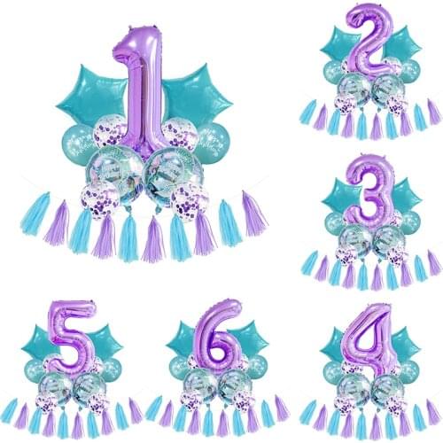 12Pcs Mermaid Birthday Digital Balloon Decoration Childrens Day Decoration Birthday Party Aluminum Decoration Balloon Ribbon