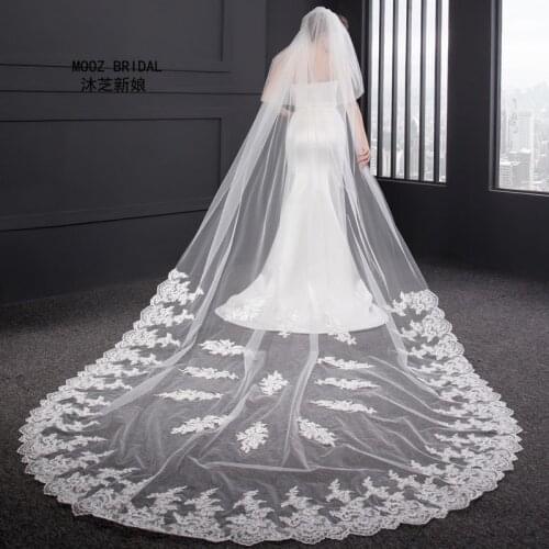 In Stock Wedding Veils 2018 Real Images Two Layer 3.5 M Long Lace Appliqued Edge New Style Bridal Veil with Covered Face Tulle