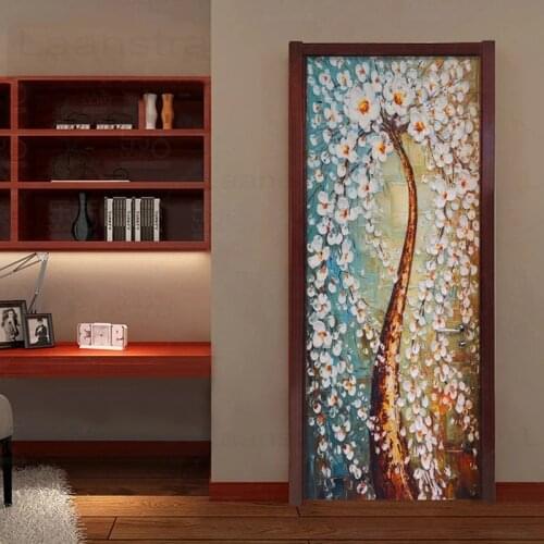 Oil Painting Feeling Door Stickers Home Decoration Wall Stickers Flowers Trees Plants Door Decals Bedroom Living Room Waterproof