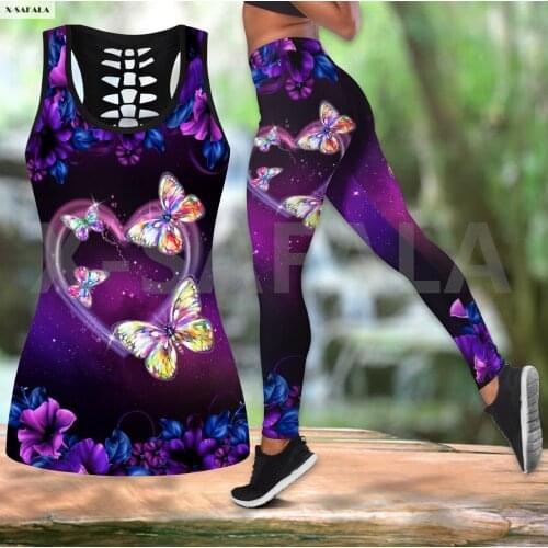 Purple Butterfly Psychedelic Two Piece Yoga Set Women 3D Print Vest Hollow Out Tank Top High Waist Legging Summer Casual Sport