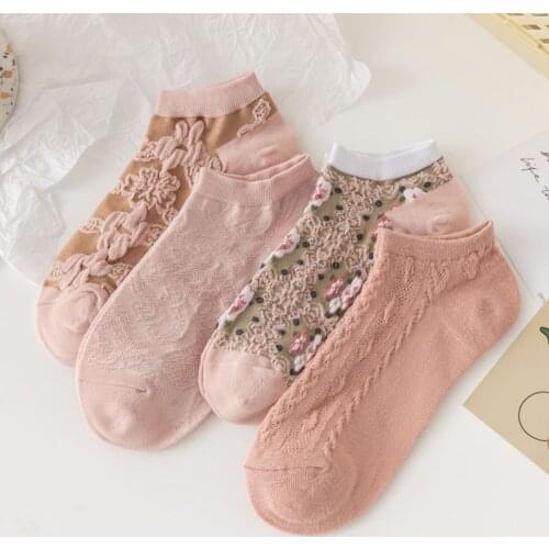 4 Pairs Set Korean Women Japan Style Cute Things Pink Floral Cool Crew Ankle Socks Girl Harajuku Flower Summer Calcetines Pack