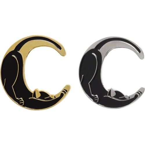 Cat and moon pins Crescent moon Brooches Witchcraft Lapel pins Black Wicca Jewelry Pins for Witches