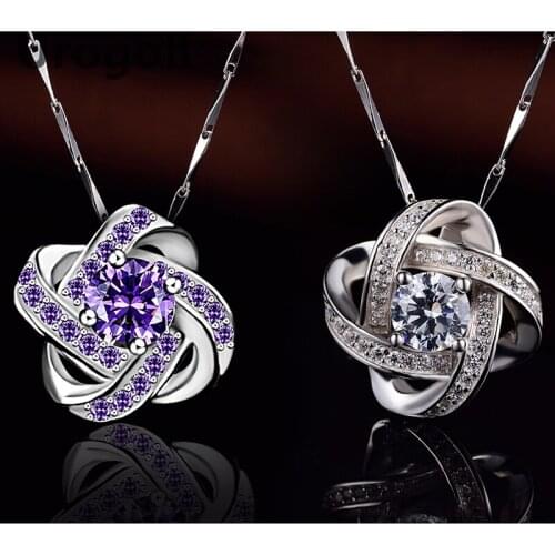 Fashion Real 925 Sterling Silver Necklaces Purple Auger Crystal Zircon Pendant Necklaces Chain For Women Girl Jewelry Dress Up