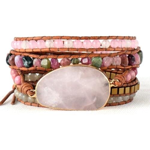 Native Inspired Beads Leather Bracelet Tourmaline Pink Quartz 5 Strands Woven Wrap Bracelets Bohemian Bracelet Dropship