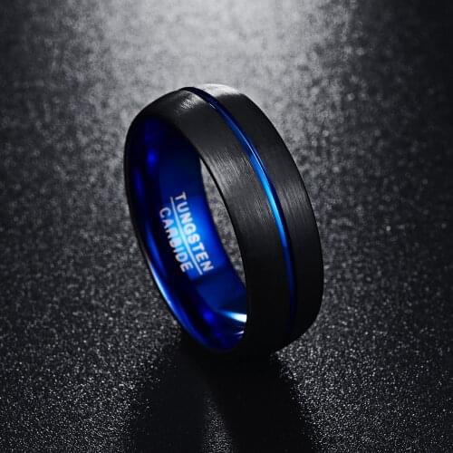 Nuncad New Hot Simple Mens 8mm Blue Plated Tungsten Carbide Wedding Band Ring Matte Finish Grooved Size 7 To 12 Jewelry