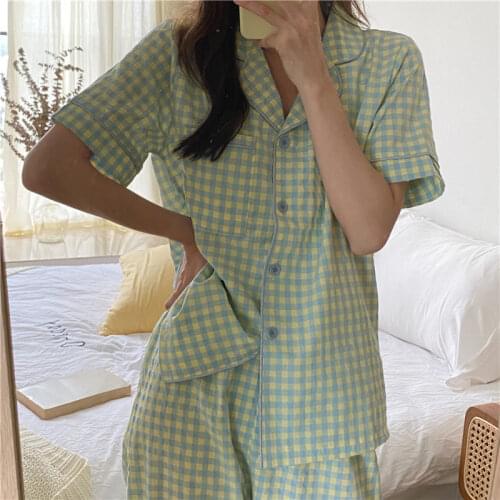 Korean Plaid Sleepwear Summer Pajamas for Women Girls Short Sleeve Pyjamas Two Piece Set Thin Pijamas Nighty Lounge Wear 2021