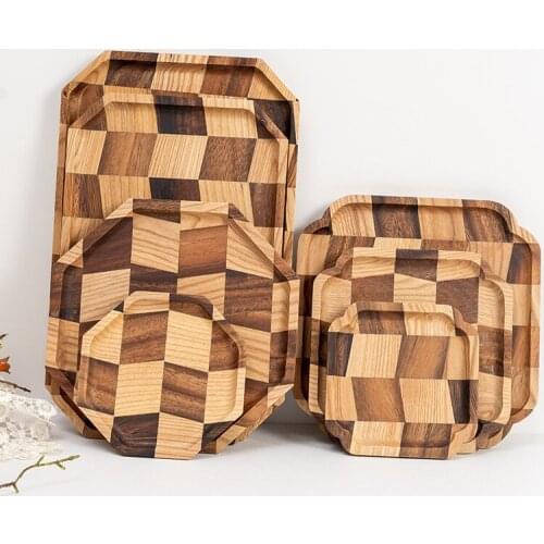 Lattice Wooden Plate Walnut Wooden Dish Hotel Tray Wooden Fruit Plate Household Tableware Dining Plate European Tea Tray