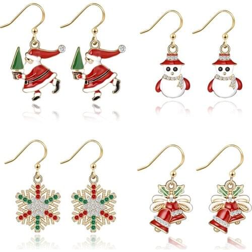 Christmas Cartoon Santa Claus Drop Earrings Cute Lacquer Metal Ladies Earring Snowman Bell Wreath Delicate New Year Gifts 2021
