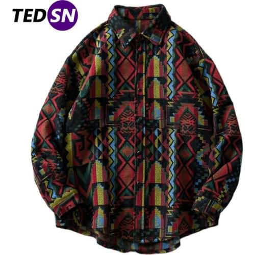 Hip Hop National Style Geometry Knitted Shirt Retro Ethnic Embroidery Long Sleeve Shirts Mens Harajuku Streetwear Button Shirt
