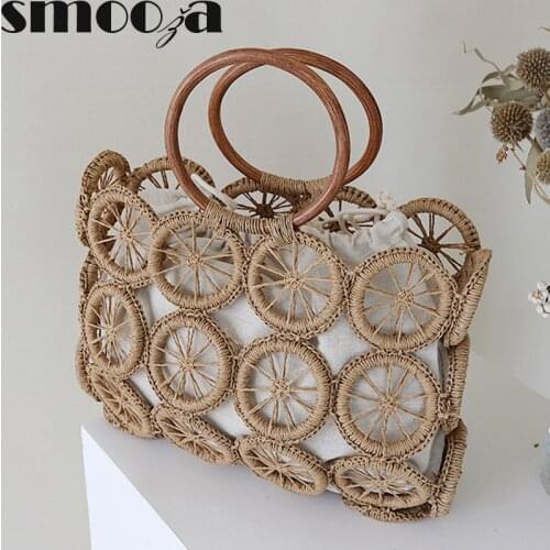 SMOOZA Women Fashion Handbags Retro Woven Bags Spring And Summer Womens Hollow Out Casual Bags Hand-Woven Bag Holiday Beach Bag