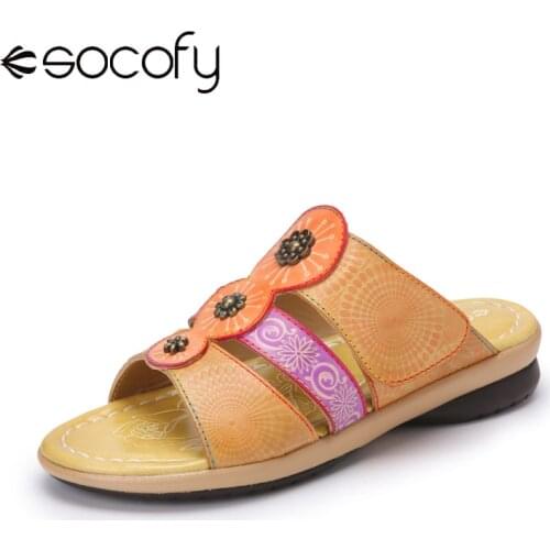Socofy Retro Bohemian Floral Print Genuine Leather Comfy Hook Loop Sling Back Flat Slides Sandals Women Leather Shoes