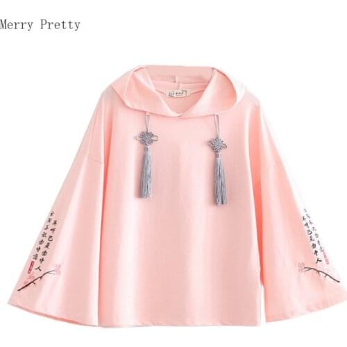Women Floral Embroidery Hooded Sweatshirts Chinese Style Letter Tassel Cotton Hoodies 2020 Spring Long Sleeve Pullovers Tracksui