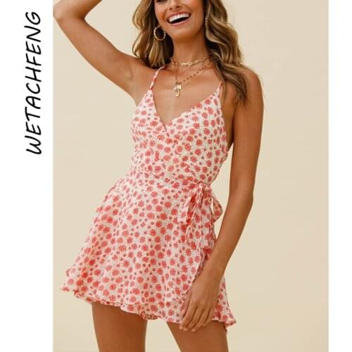 Overalls Pink Backless Sexy V Neck Floral Wome Jumpsuit Summer Beach Shorts Rompers 2021 Mini Dress Playsuits For Female Clothes