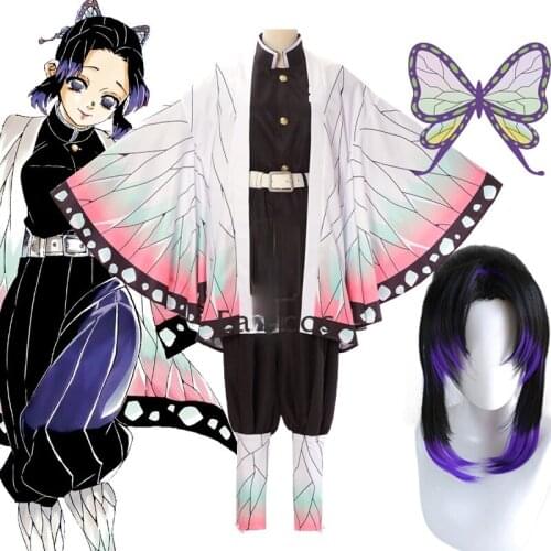 Anime Demon Slayer Kimetsu no Yaiba Kochou Shinobu Cosplay Costume Women Kimono Halloween Party Uniform Wig