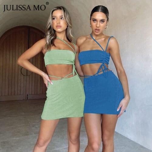 JULISSA MO Backless Bandage Dresses Two Piece Set Women Summer Drawstring Mini Dress Robe Suit Ladies Sexy Streetwear Vestidos