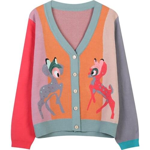 2021 Autumn Winter New Womens V-Neck Long Sleeve Contrast Stripe Animal Embroidery Loose Temperament Knitted Warm Cardigan