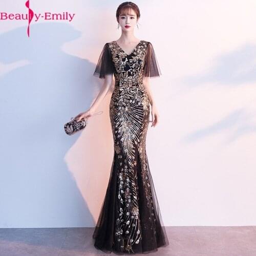 2020 New Arrival Romantic V Neck Mermaid Evening Dress Luxuries Sequined Zipper Back Blue Evening Gowns for Women 2 Colors