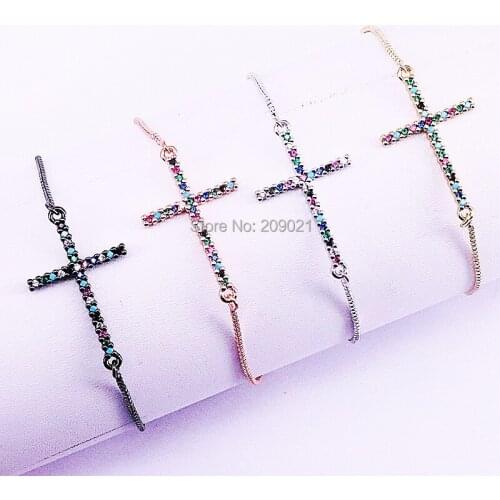 10Pcs Fashion Jewelry Rainbow Cubic Zirconia Micro Pave Cross Connectors Bracelet 4 Colors