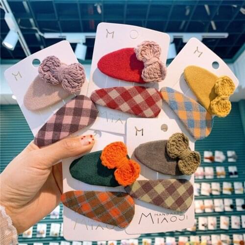 2 Pcs New Korean Fashion Sweet Girl Children Wool Bow Hairpins Vintage Simple Plaid Fabric Water Drops BB Clip Hair Accessories
