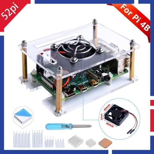 52Pi Acrylic Clear Transparent Case Enclosure Cover for Raspberry Pi 4 Model B, With Cooling Fan For Raspberry Pi 4B / 3B+ / 3B