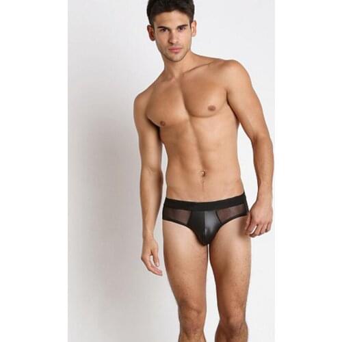 Free shipping Mens underwear Sexy imitation leather Hollowed-out sexy T underwear Stage bar SHOW Private customized
