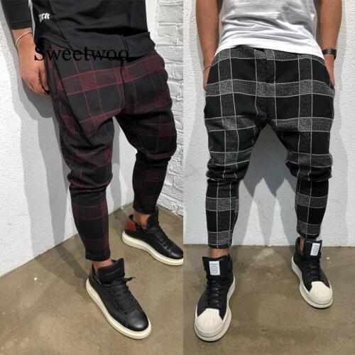 Men Plaid Pants Full Length Mens Joggers Causal Harem Pants Streetwear Hip Hop Slim Fit Trousers Male Cotton Sweat Pants
