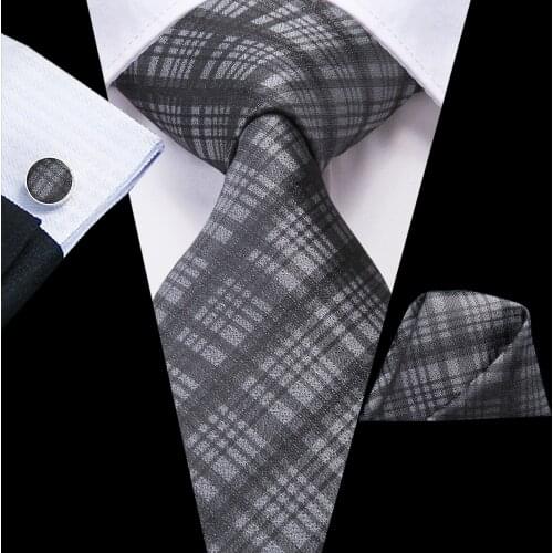 Hi-Tie Gray Plaid Silk Wedding Tie For Men Hanky Cufflink Gift Mens Necktie Gravata Set Fashion Designer Business Dropshipping