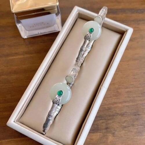 Natural Hetian white jade bamboo bracelet Chinese style retro unique designer craft charm womens brand silver jewelry