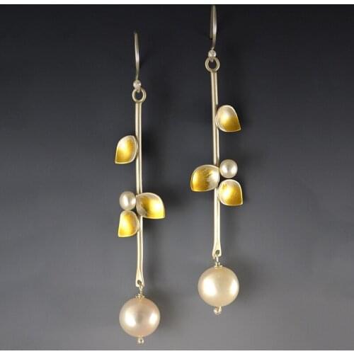 Exquisite Jasmine Pearl Earrings for Women Charms Jewelry Two Color Metal Long Rod Branch Leaf Flower Drop Earrings