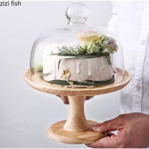 Creative Wooden Tall Cake Tray with Cover Glass Cover Pastry Dessert Tray Baking Cake Stand Countertop Living Room Decoration