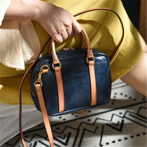 Handmade genuine leather small bag wild literary hit color small square bag head layer leather shoulder messenger female bag