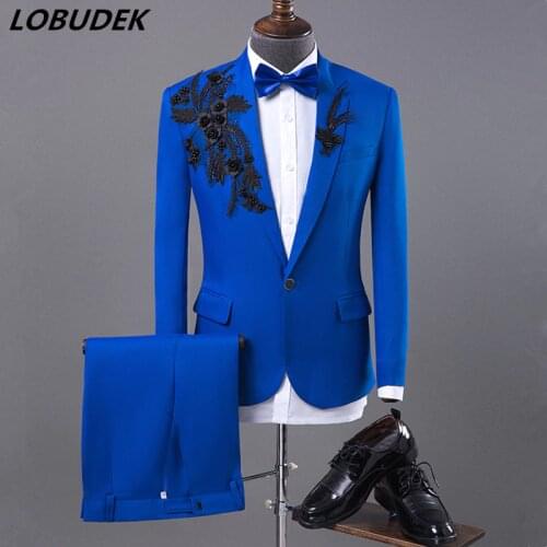 Mens Formal Suits Blue fashion Slim Blazers Group musical performance Costume Wedding Party Prom Host singer show Stage suit