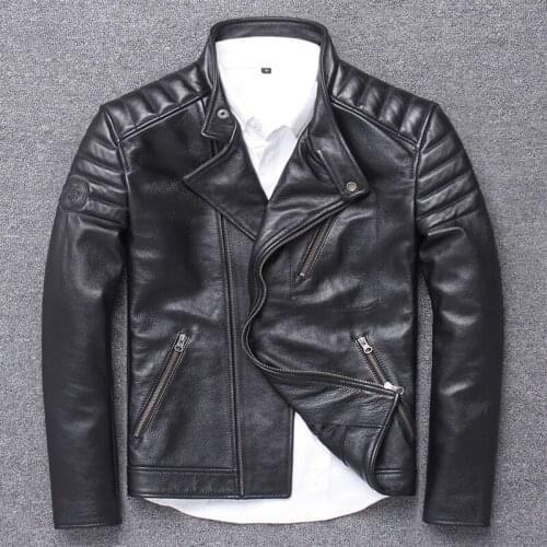 Cowhide Genuine Leather Clothing Stand Lead Oblique Zipper Tide Male Locomotive Serve Thick And Solid 100% Natural Calf Skin