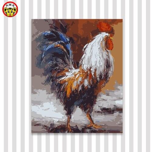 Painting by numbers art paint by number Fill color abstract animal thick oil multi paint knife draw big red rooster color canvas