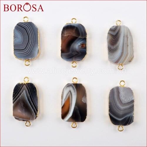 BOROSA Wholesale Gold Color Druzy Pendant Botswana Agates Connector For Necklace&Bracelet Making G1637