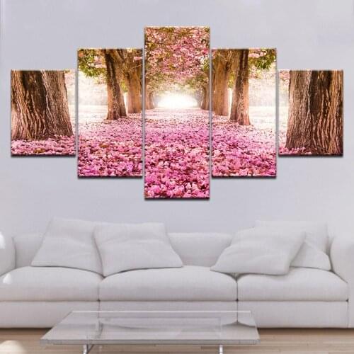 Falling flowers on road 5 Panels Wallpapers modern Modular Poster art Canvas painting for Living Room Home Decor