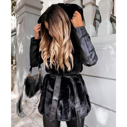 Winter Warm Rabbit Faux Fur Coats Women Fashion Slim Hooded Jackets Women Elegant Tie Belt Leather Fur Coats Parkas Female