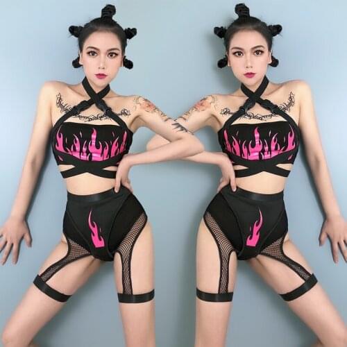 Flame-Wrapped Chest High Fork Suspenders Women Hip Hop Jazz Clothing for Girls Costumes Dj Ds Nightclub Wear Rave Outfits XS2085