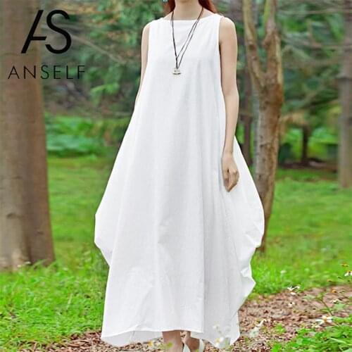 Anself Women Cotton Linen Dress Sleeveless 4XL 5XL Plus Size Maxi Long Dress Pockets Solid Loose Summer Sundress White/Red/Black