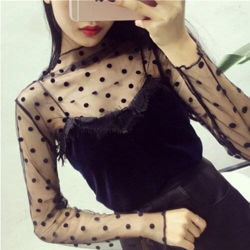 2020 hollowed-out Transparent Blouse Ladies Sexy Mesh Perspective Elegant Fashion Top Delicate five-pointed Star Polka Dot Top