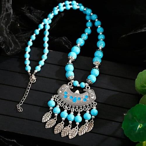 Tibetan Jewelry Choker Necklace Turquoises Stone Beads Necklace Vintage Geometry Silver Color Leaf Tassel Necklace