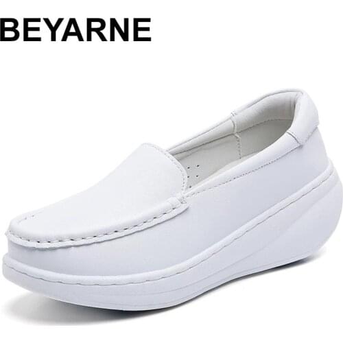 BEYARNECowhide Platform Shoes Women White Nurse Shoes Sneakers Woman Flats Wedge Slip On Lady Loafers Non-slip Footwear Zapatos
