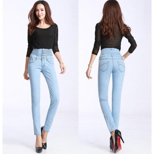 Wenfly Women Denim Single Breasted Elastic High Waist Skinny Stretch Pencil Female Mujer Plus Size Pants Trousers