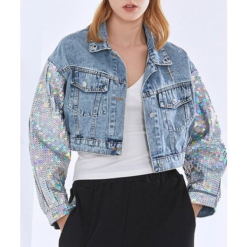 Free Shipping European Fashion Denim Jacket Woman 2021 Autumn High Street Sequin Sleeve Short Jeans Jackets For Women