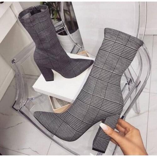 Sexy Gray Plaid Square Heel Womens Ankle Boots Shoes Pointed Toe Chunky Heels Zipper Mid Calf Ladies Winter Shoes Slim Fit