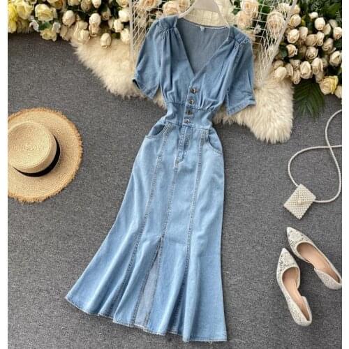 Spring summer womens vintage medium long denim dress female fashion sexy slim split fish tail chic jean dress TB132